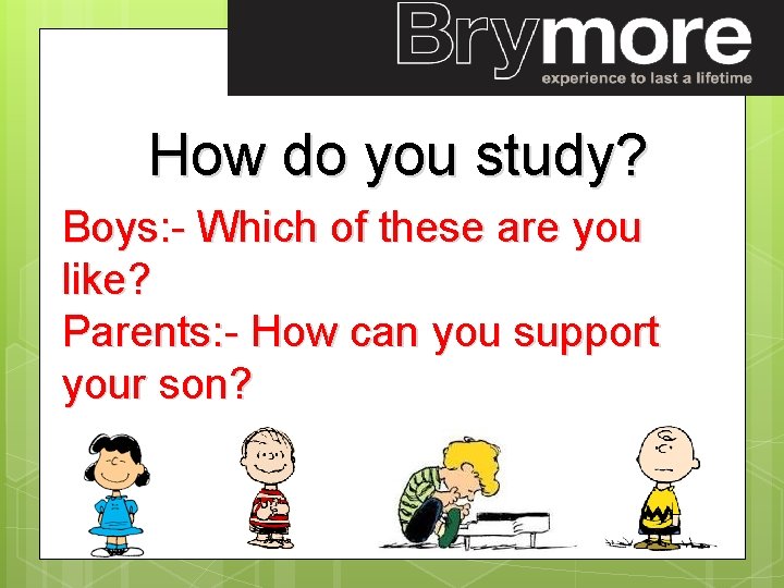 How do you study? Boys: - Which of these are you like? Parents: -