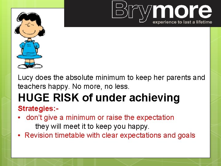 Lucy does the absolute minimum to keep her parents and teachers happy. No more,