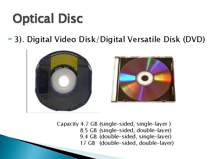 Optical Disc 3). Digital Video Disk/Digital Versatile Disk (DVD) Capacity 4. 7 GB 8.
