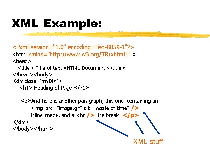 XML Example: <? xml version="1. 0" encoding="iso-8859 -1"? > <html xmlns="http: //www. w 3.