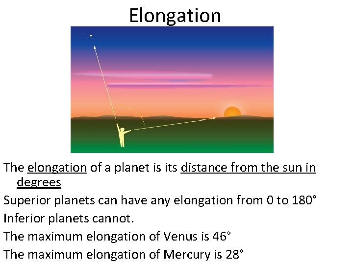 Elongation The elongation of a planet is its distance from the sun in degrees