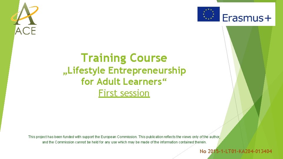 Training Course „Lifestyle Entrepreneurship for Adult Learners“ First session This project has been funded Training Course „Lifestyle Entrepreneurship for Adult Learners“ First session This project has been funded