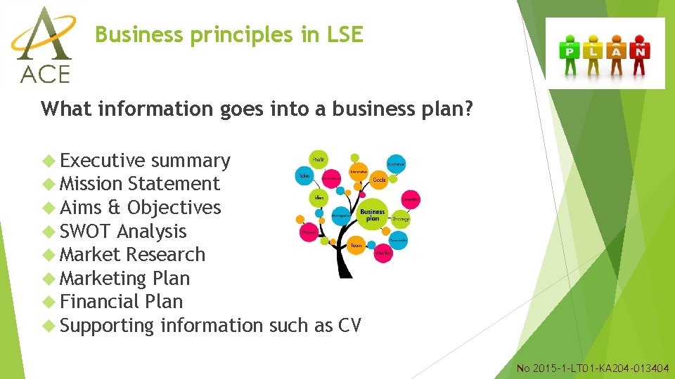 Business principles in LSE What information goes into a business plan? Executive summary Mission Business principles in LSE What information goes into a business plan? Executive summary Mission