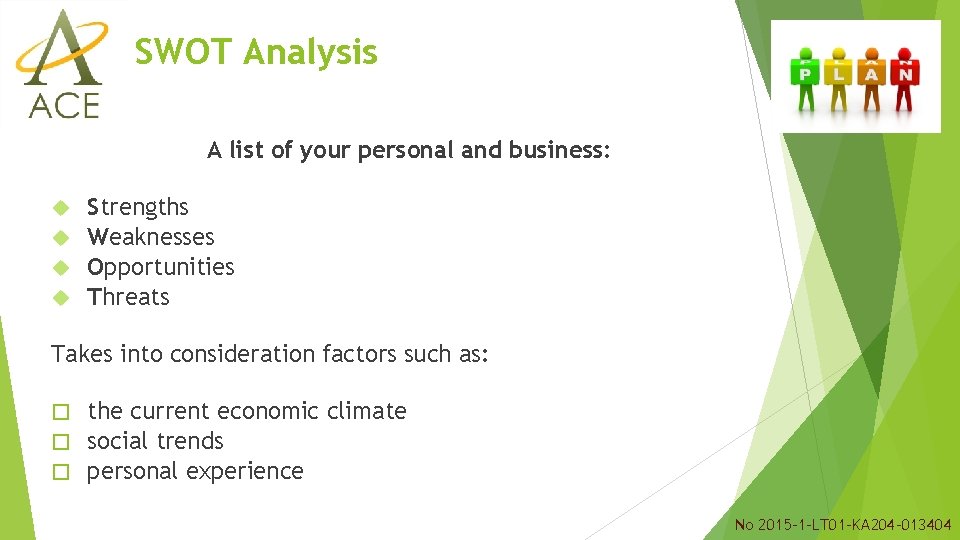 SWOT Analysis A list of your personal and business: Strengths Weaknesses Opportunities Threats Takes SWOT Analysis A list of your personal and business: Strengths Weaknesses Opportunities Threats Takes