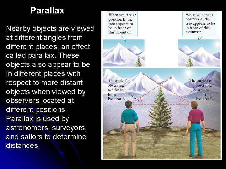 Parallax Nearby objects are viewed at different angles from different places, an effect called