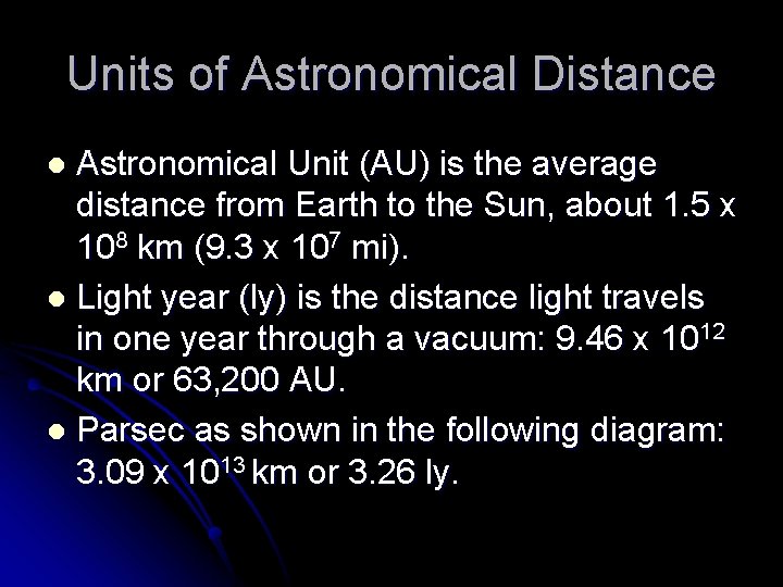 Units of Astronomical Distance Astronomical Unit (AU) is the average distance from Earth to