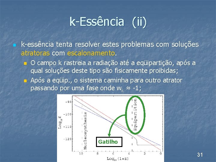 k-Essência (ii) n k-essência tenta resolver estes problemas com soluções atratoras com escalonamento. n