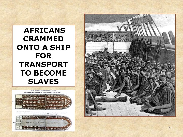 AFRICANS CRAMMED ONTO A SHIP FOR TRANSPORT TO BECOME SLAVES 21 AFRICANS CRAMMED ONTO A SHIP FOR TRANSPORT TO BECOME SLAVES 21