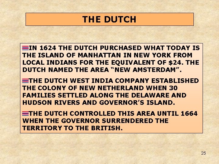 THE DUTCH IN 1624 THE DUTCH PURCHASED WHAT TODAY IS THE ISLAND OF MANHATTAN THE DUTCH IN 1624 THE DUTCH PURCHASED WHAT TODAY IS THE ISLAND OF MANHATTAN
