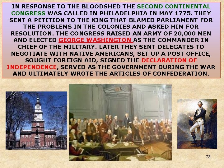 IN RESPONSE TO THE BLOODSHED THE SECOND CONTINENTAL CONGRESS WAS CALLED IN PHILADELPHIA IN IN RESPONSE TO THE BLOODSHED THE SECOND CONTINENTAL CONGRESS WAS CALLED IN PHILADELPHIA IN