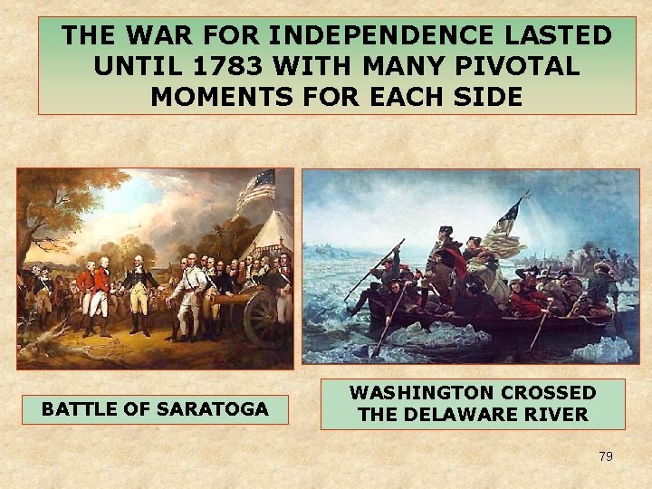 THE WAR FOR INDEPENDENCE LASTED UNTIL 1783 WITH MANY PIVOTAL MOMENTS FOR EACH SIDE THE WAR FOR INDEPENDENCE LASTED UNTIL 1783 WITH MANY PIVOTAL MOMENTS FOR EACH SIDE