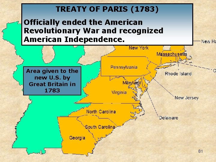 TREATY OF PARIS (1783) Officially ended the American Revolutionary War and recognized American Independence. TREATY OF PARIS (1783) Officially ended the American Revolutionary War and recognized American Independence.