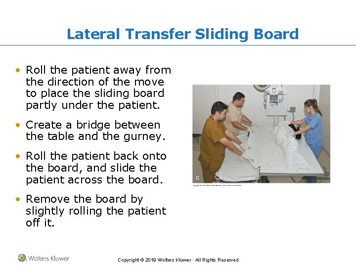 Lateral Transfer Sliding Board • Roll the patient away from the direction of the