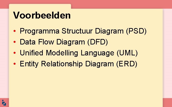 Voorbeelden • • Programma Structuur Diagram (PSD) Data Flow Diagram (DFD) Unified Modelling Language