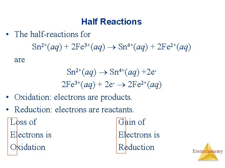 Half Reactions • The half-reactions for Sn 2+(aq) + 2 Fe 3+(aq) Sn 4+(aq)