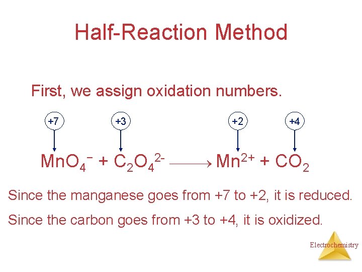 Half-Reaction Method First, we assign oxidation numbers. +7 +3 +2 +4 Mn. O 4−