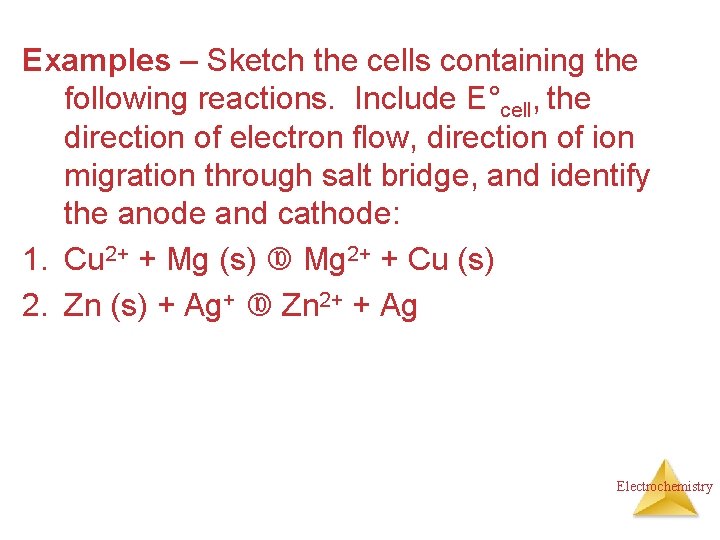 Examples – Sketch the cells containing the following reactions. Include E°cell, the direction of