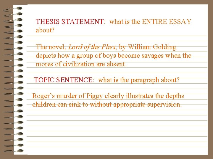 THESIS STATEMENT: what is the ENTIRE ESSAY about? The novel, Lord of the Flies,