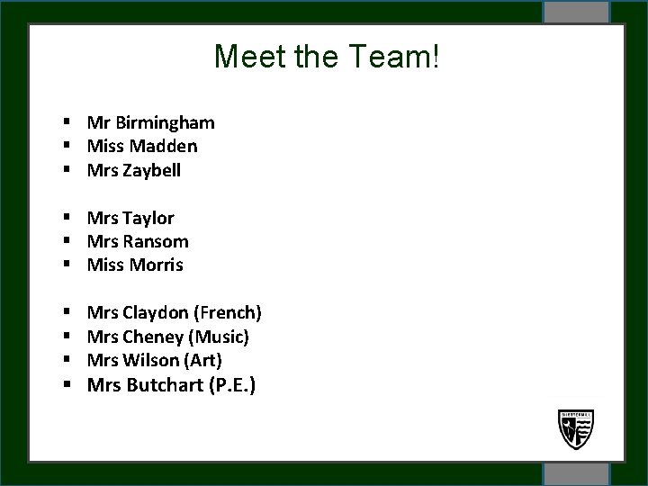 Meet the Team! § Mr Birmingham § Miss Madden § Mrs Zaybell WELCOME §