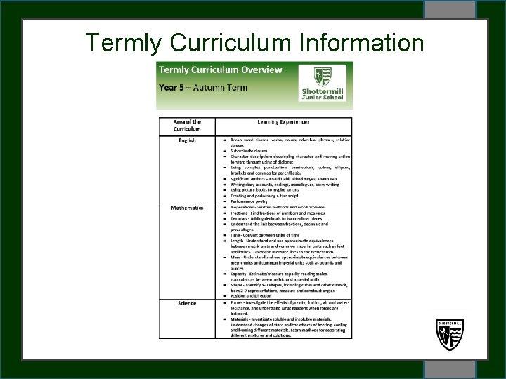 Termly Curriculum Information WELCOME Shottermill Junior School Open Morning 