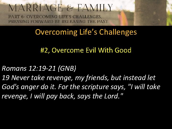 Overcoming Life’s Challenges #2, Overcome Evil With Good Romans 12: 19 -21 (GNB) 19