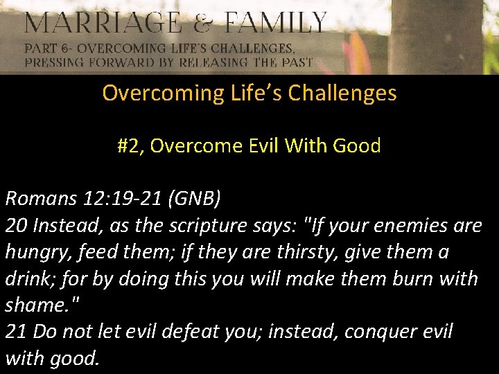 Overcoming Life’s Challenges #2, Overcome Evil With Good Romans 12: 19 -21 (GNB) 20