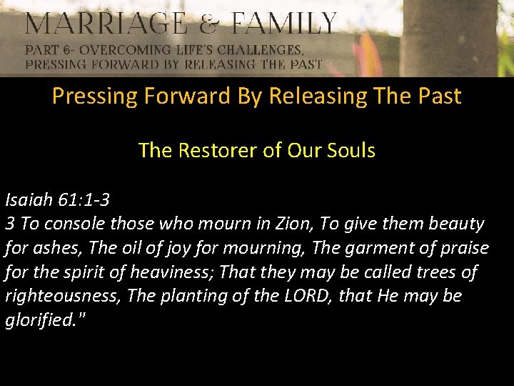 Pressing Forward By Releasing The Past The Restorer of Our Souls Isaiah 61: 1