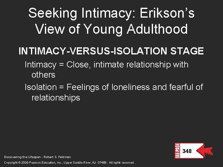 Seeking Intimacy: Erikson’s View of Young Adulthood INTIMACY-VERSUS-ISOLATION STAGE Intimacy = Close, intimate relationship Seeking Intimacy: Erikson’s View of Young Adulthood INTIMACY-VERSUS-ISOLATION STAGE Intimacy = Close, intimate relationship