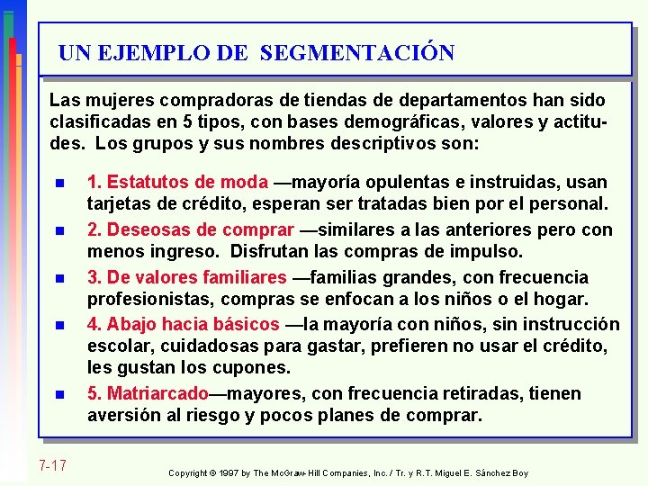 UN EJEMPLO DE SEGMENTACIÓN Las mujeres compradoras de tiendas de departamentos han sido clasificadas