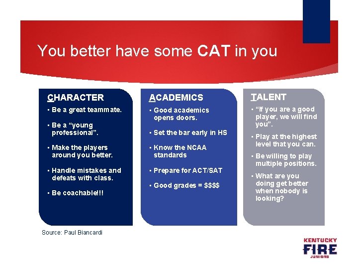 You better have some CAT in you CHARACTER ACADEMICS TALENT • Be a great