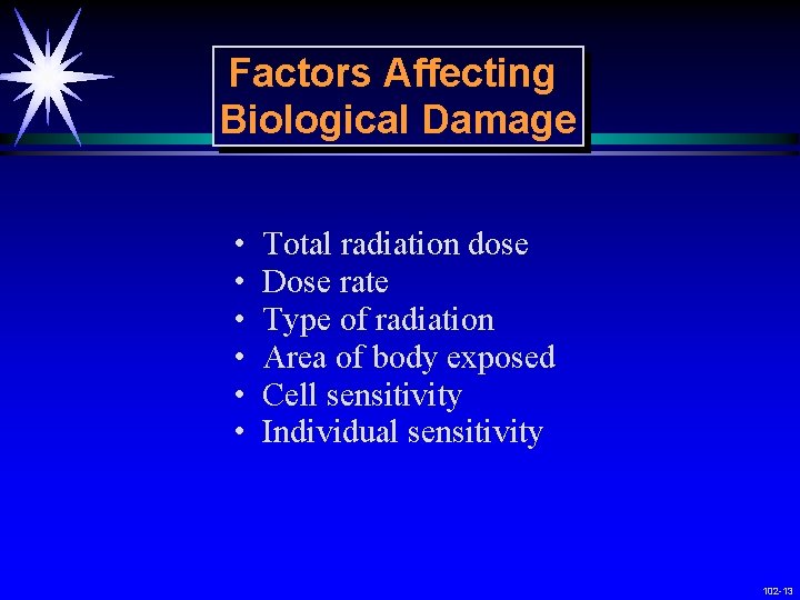 RW I Affecting Factors Biological Damage • • • Total radiation dose Dose rate