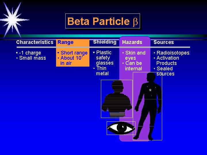 Beta Particle b Characteristics Range Shielding Hazards Sources • -1 charge • Small mass