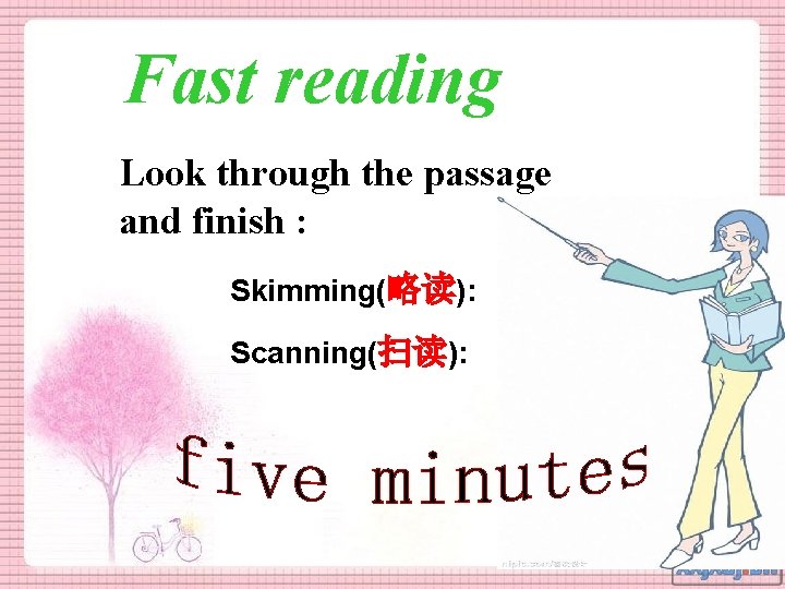 Fast reading Look through the passage and finish : Skimming(略读): Scanning(扫读): 