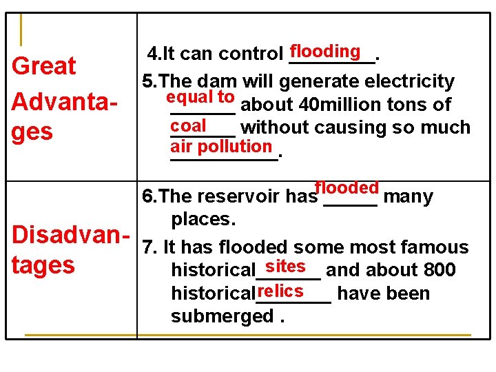 Great Advantages flooding 4. It can control ____. 5. The dam will generate electricity