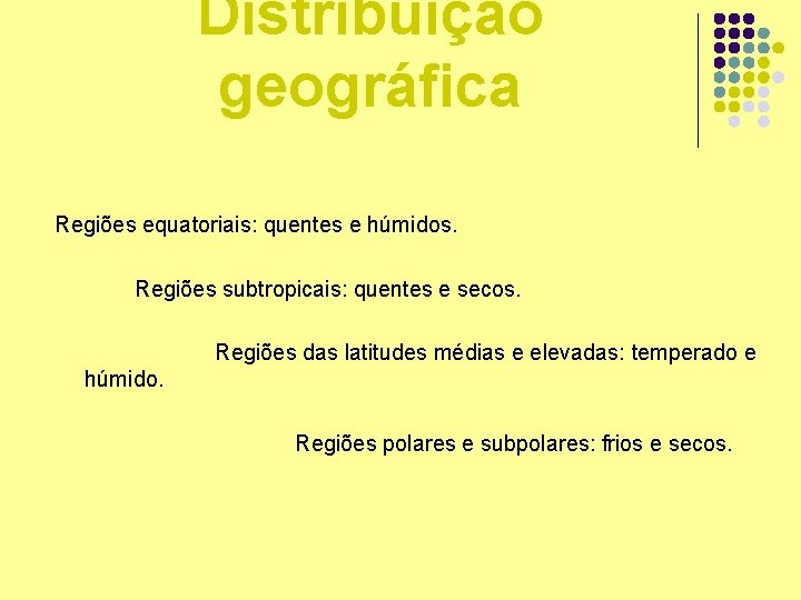 Distribuição geográfica Regiões equatoriais: quentes e húmidos. Regiões subtropicais: quentes e secos. Regiões das