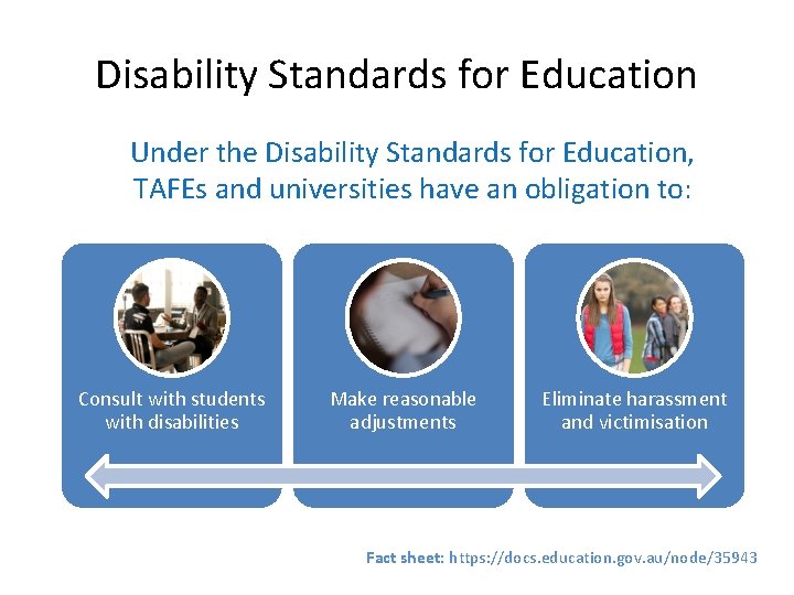Disability Standards for Education Under the Disability Standards for Education, TAFEs and universities have
