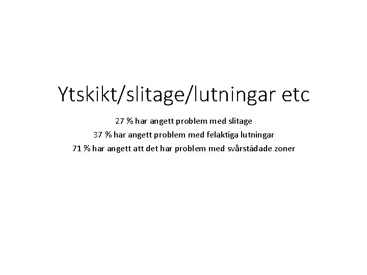 Ytskikt/slitage/lutningar etc 27 % har angett problem med slitage 37 % har angett problem