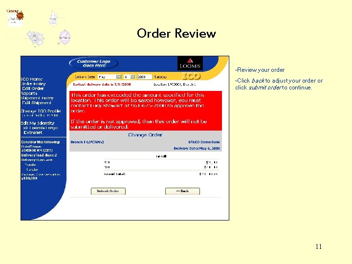 Order Review -Review your order -Click back to adjust your order or click submit