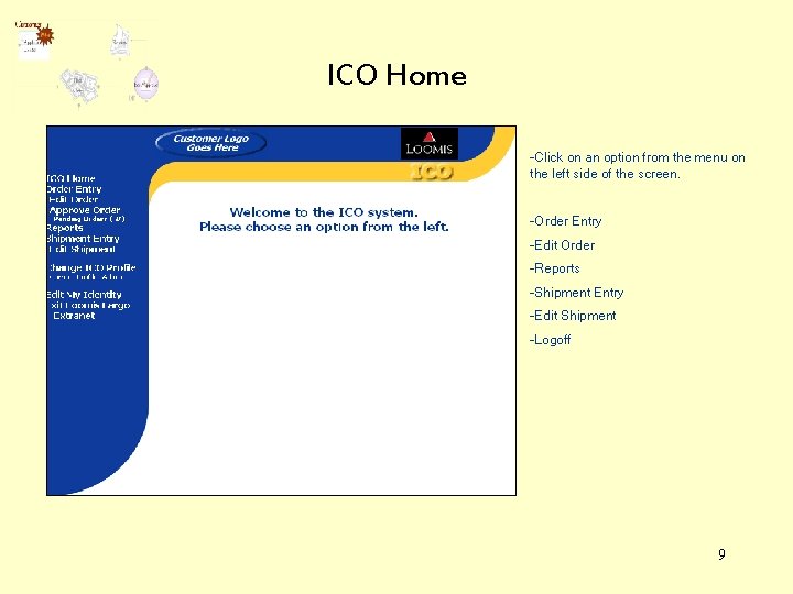 ICO Home -Click on an option from the menu on the left side of