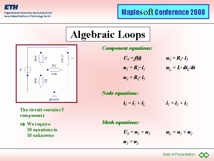 Maplesoft Conference 2006 Algebraic Loops Component equations: U 0 = f(t) u 3 =