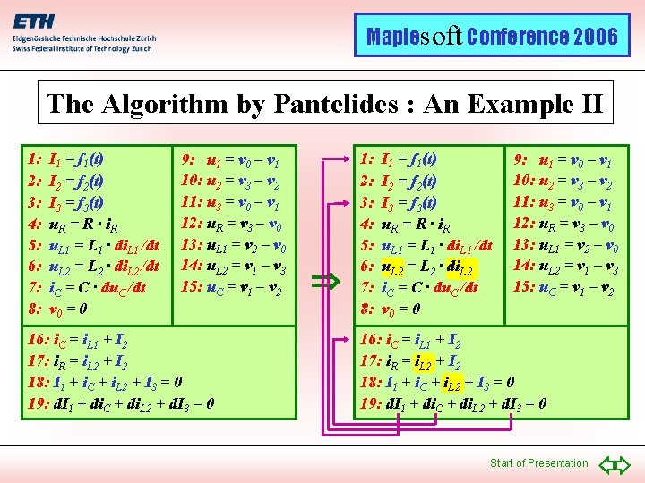 Maplesoft Conference 2006 The Algorithm by Pantelides : An Example II 1: 2: 3: