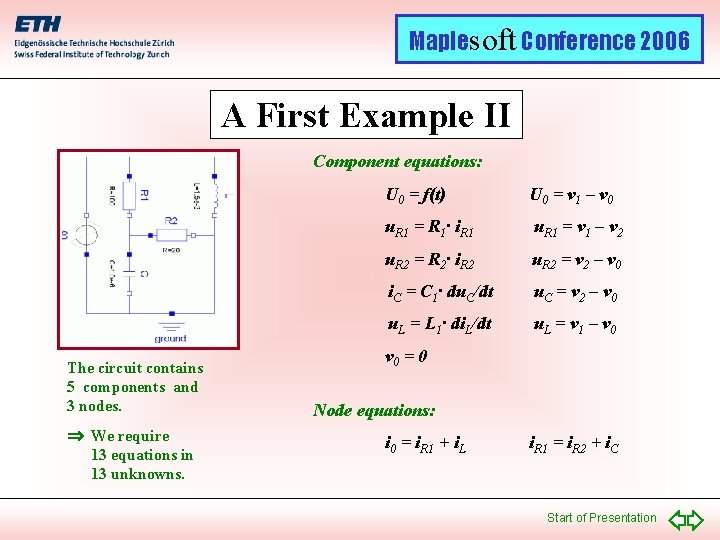 Maplesoft Conference 2006 A First Example II Component equations: The circuit contains 5 components