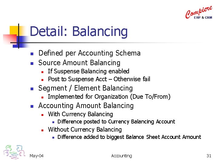 Detail: Balancing n n Defined per Accounting Schema Source Amount Balancing n n n