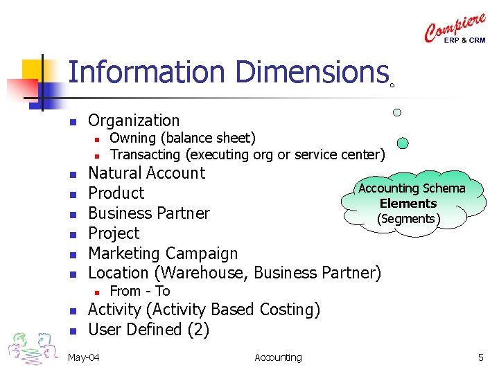 Information Dimensions n Organization n n n n Natural Accounting Schema Product Elements Business