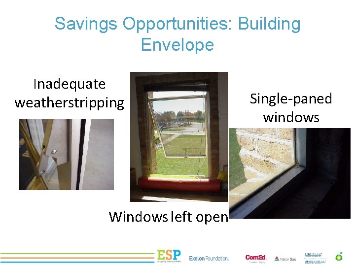 Savings Opportunities: Building Envelope PROJECT TITLE Inadequate weatherstripping Windows left open Single-paned windows 