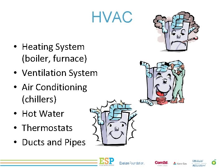 HVAC • Heating System (boiler, furnace) • Ventilation System • Air Conditioning (chillers) •