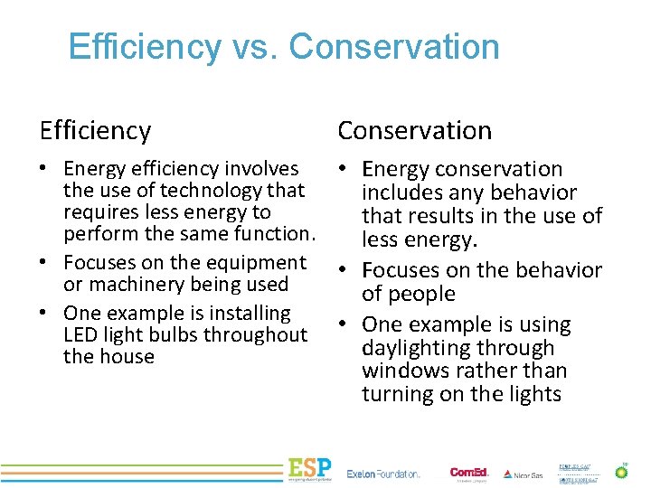Efficiency vs. Conservation Efficiency PROJECT TITLE Conservation • Energy efficiency involves • Energy conservation