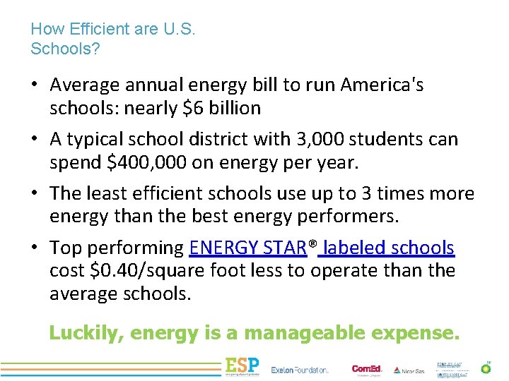 How Efficient are U. S. Schools? PROJECT TITLE • Average annual energy bill to