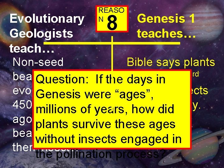 Evolutionary Geologists teach… REASO N 8 Genesis 1 teaches… Non-seed Bible says plants rd