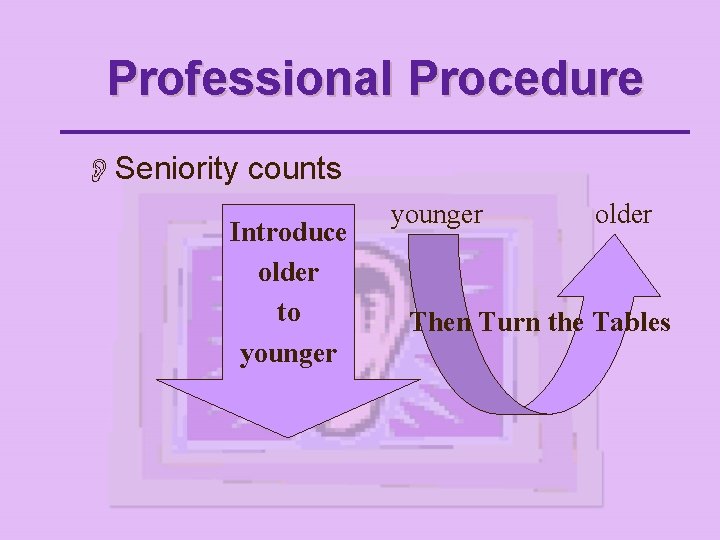 Professional Procedure OSeniority counts Introduce older to younger older Then Turn the Tables 